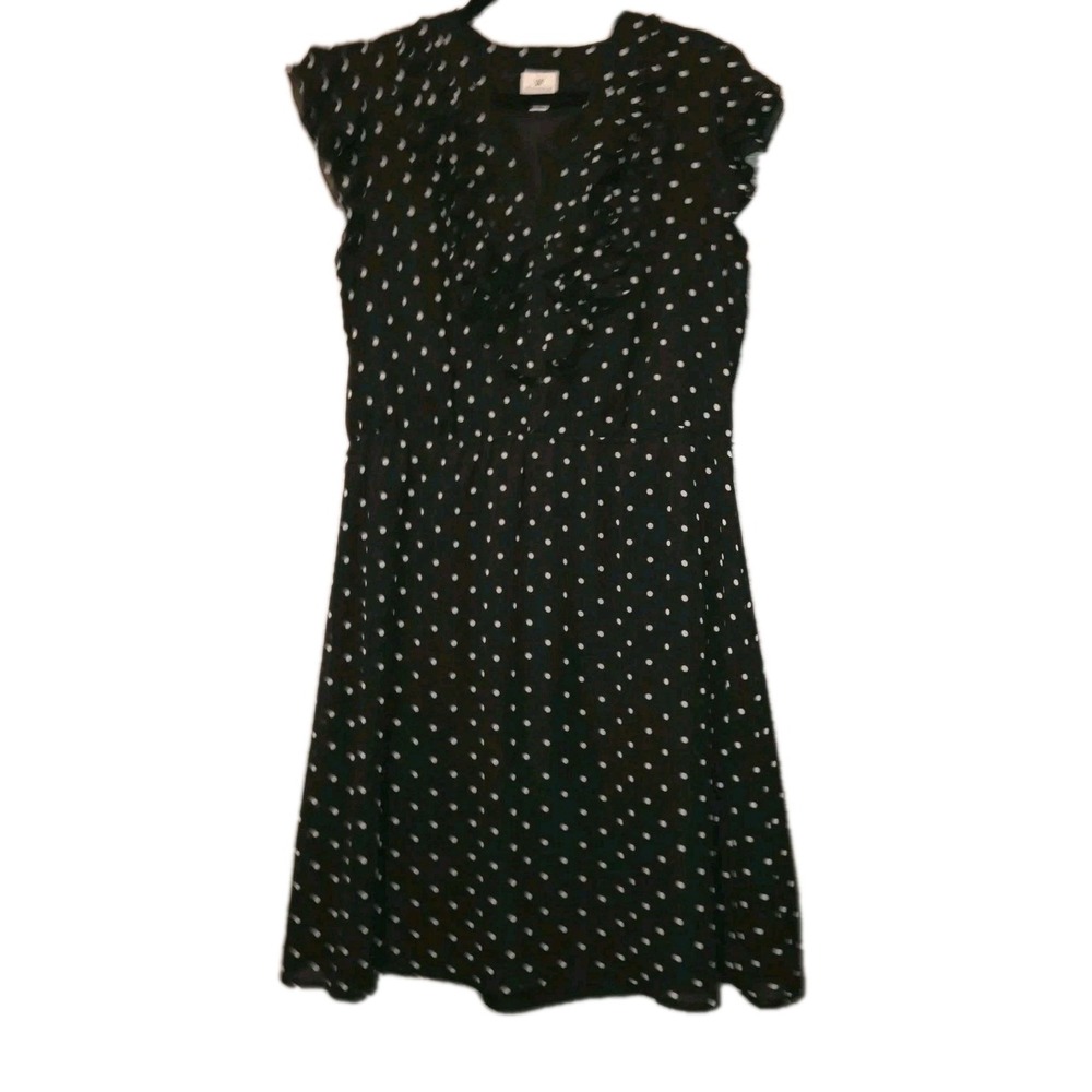 Worthington Polka Dot Dress Women's 16 Black A-Line Ruffled V-Neck Cap Sleeves